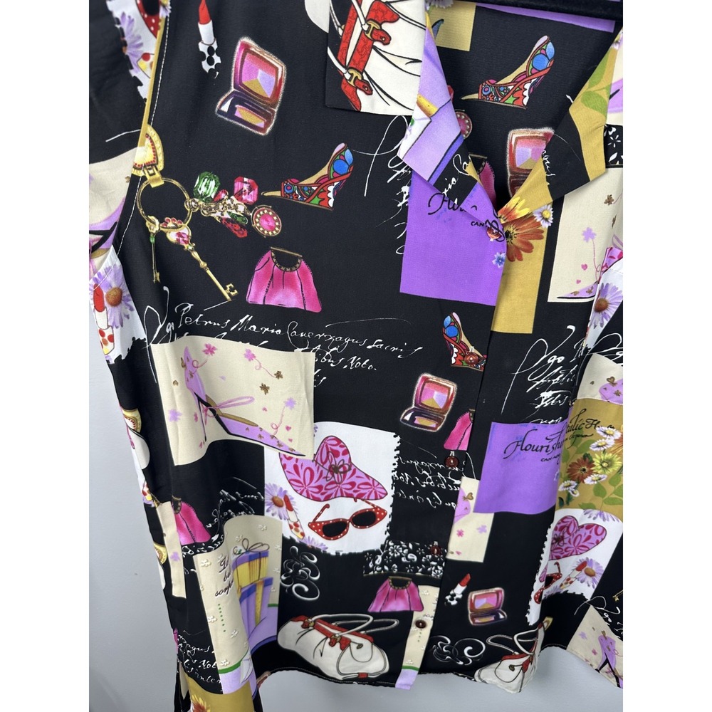 Susan Graver XL Womens Top Button Short Sleeve Girly Makeup Patch Design Colors - Picture 9 of 13